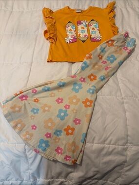 Girls Floral Bell-Bottom Set - Yellow Top & Cream Flower Pants
